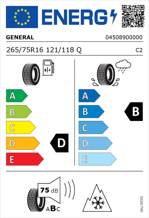 Tyre Label for General Grabber AT 2 265/75R16 121/118Q